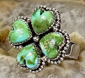 Sonoran Mountain Turquoise Hearts Cluster Southwestern Sterling Silver Adj Ring